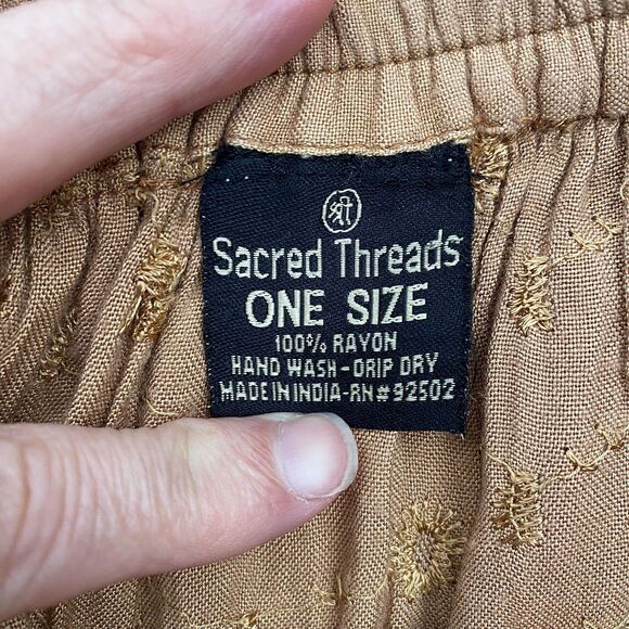 Sacred Threads Boho Maxi Skirt Embroidered One Size Brown Tiered Crinkle - Picture 5 of 8